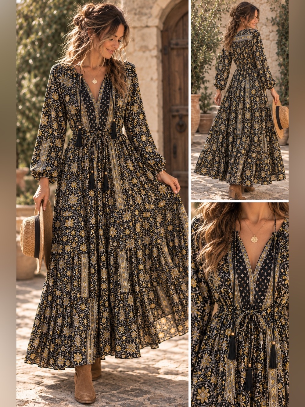 Paani Black & Gold Shimmer Fall Ornamental Whimsical Paisley Boho Maxi Dress S